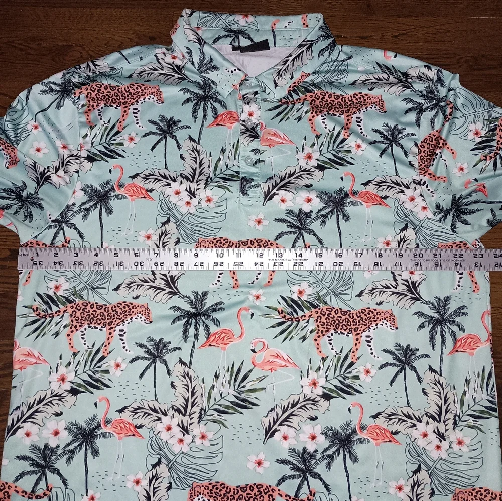 Mens Greenside Golf Cheetah Flamingo Palm Tree Print Mint Green Polo Shirt
